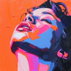 Colorful abstract portrait of a woman looking upward expressing joy and awe with textured brushstrokes