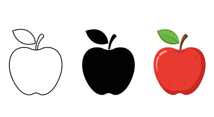 Three apple icons outline silhouette and vibrant red with green leaf