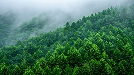 Lush green forest shrouded in mist