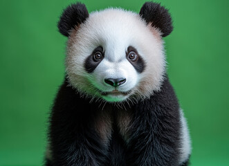 Obraz premium Adorable Giant Panda Cub Sitting on Green Background with Curious Expression in Studio Setting