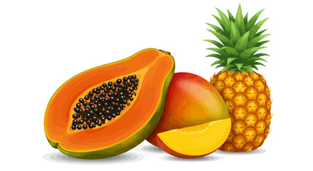 Vibrant Tropical Fruits Papaya Mango and Pineapple Illustration