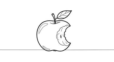 Bitten Apple Outline with Stem and Leaf Simple Line Art Illustration