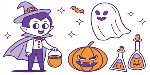 Fototapeta premium Cute halloween vector elements collection featuring vampire, ghost, and pumpkin