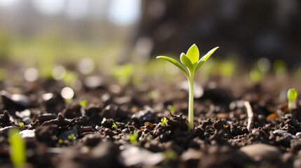 Fototapeta premium The birth of new life in nature. The sprout sprouts from the ground. Time leps as a plant grows. Spring time when nature comes to life.