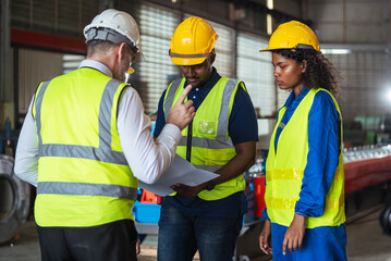 Industrial Team Meeting, Factory Workers Standing Together For Production Discussion And Efficiency Coordination On Manufacturing Line