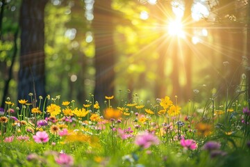 Obraz premium Vibrant Wildflowers in Sunlit Forest Varient 3