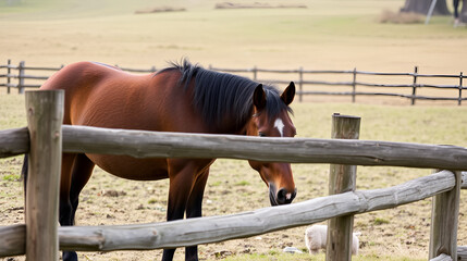 Dun horse grazing in the paddock behind a wooden fence