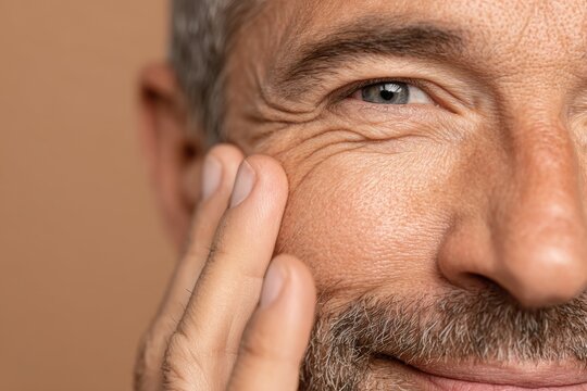 Close-up portrait of a mature man with hand on face, showcasing a single blue eye, facial wrinkles, and a distinguished gray beard, set against a beige background.