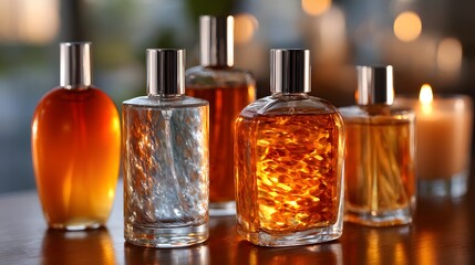 Elegantly arranged perfume bottles showcase a variety of scents, highlighted by a warm candlelit glow against a blurred backdrop.