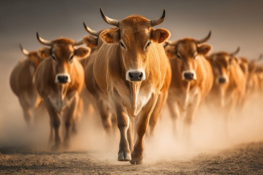 A captivating view of a herd of aubrac cows walking on a dusty path, illuminated by warm sunlight, creating a picturesque and serene countryside scene.