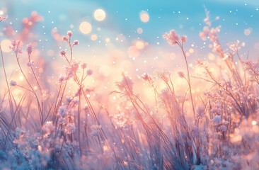 Beautiful macro shot of frozen flowers and grasses in winter, with a bokeh background.