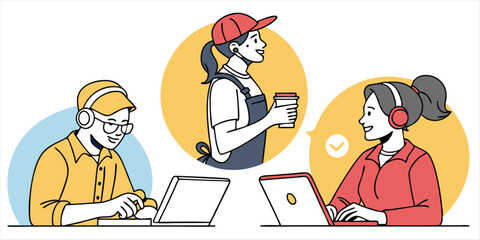 Diverse service and remote workers illustration, featuring coffee server and online support representatives