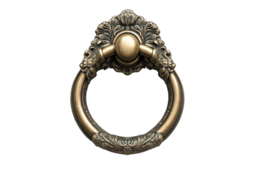 A regal bronze door knocker evoking an era of opulence and untold secrets behind a darkened on transparent background