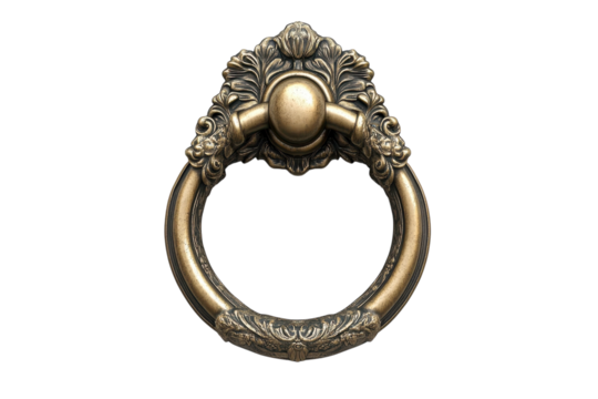 A regal bronze door knocker evoking an era of opulence and untold secrets behind a darkened on transparent background