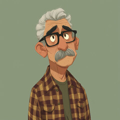 Cartoon illustration of an older man with glasses, a mustache, and a plaid shirt, looking thoughtful against a muted green background 