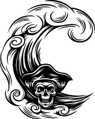 Fototapeta premium A skull tattoo design featuring sea ghosts in a haunting nautical theme. Pirate Skull in a Wave with Swirling Elements in Black and White