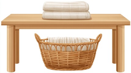 Fototapeta premium Wooden bench with laundry basket and towels
