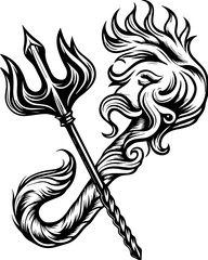 Fototapeta premium A skull tattoo design featuring sea ghosts in a haunting nautical theme. Elegant Sea Creature with Trident and Flowing Hair Design
