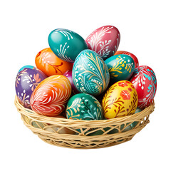 Obraz premium Easter Egg Basket: A charming wicker basket overflowing with vibrantly hand-painted Easter eggs, each showcasing unique floral and abstract designs, creates a festive and joyful springtime scene.