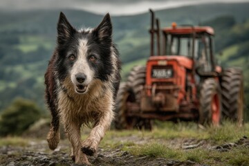 Fototapeta premium A Border Collie dog runs towards the camera on a farm with an old tractor behind, showcasing the dog's energy and farm life in a rural setting.