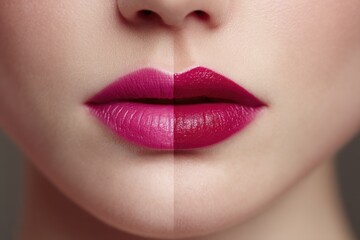 Fototapeta premium A close-up shot of a woman's lips with two different shades of lipstick, creating a striking contrast, showcasing beauty and makeup artistry and color variations.