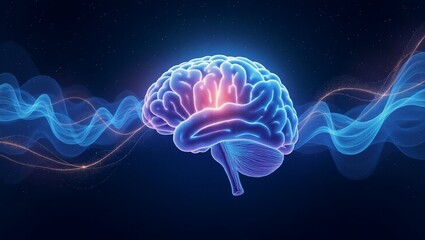 Human brain with abstract energy waves
