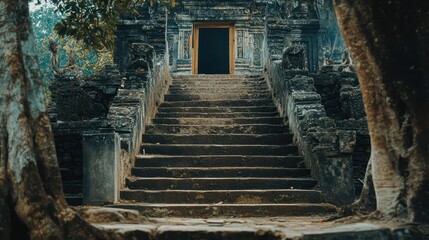 Ancient Angkor Wat Stone Temple Stairway Amidst Lush Jungle Foliage in Cambodia Reflecting Rich Cultural Heritage and Timeless Beauty