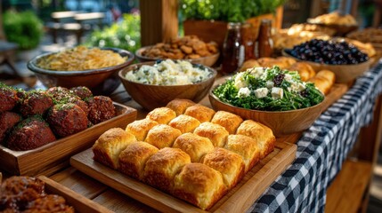 Fototapeta premium Southern soul food buffet with mac and cheese, collard greens, bread rolls, and savory meat dishes at outdoor Juneteenth celebration party on a sunny day