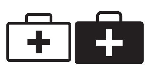Set with first aid kit icon in linear style on white background. Simple First-aid kit icon, medical symbol. Editable stroke. Health care. Cross symbol. First aid box icon set in black eps 10