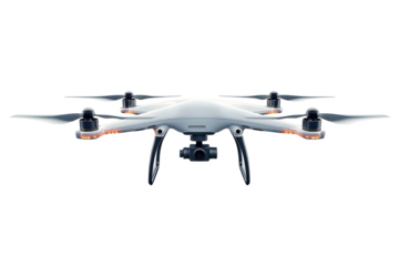 A sleek white drone poised for flight embodying futuristic innovation and high tech on transparent background