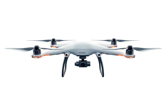 A sleek white drone poised for flight embodying futuristic innovation and high tech on transparent background