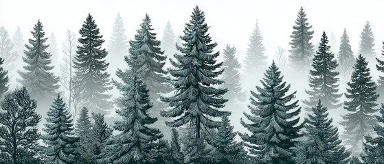 Obraz premium Seamless Spruce Forest Design, Enchanting fog-covered fir trees on a crisp white canvas, Evokes a serene woodland ambiance, Perfect for fabric or wallpaper applications