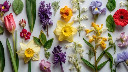 Colorful spring flowers arranged on a white background
