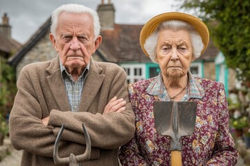 A grumpy elderly couple standing outside their cottage, holding garden tools, with serious expressions and arms crossed in a funny portrait, wearing old style clothes.