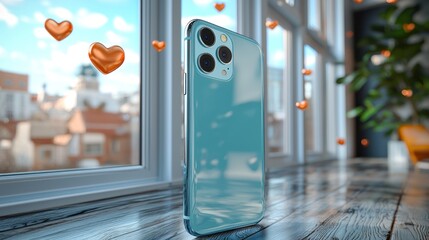 Teal smartphone by window