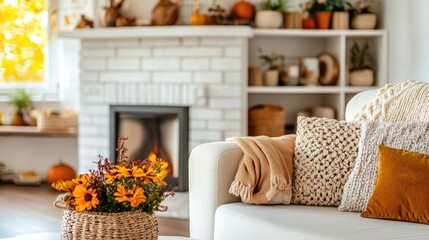 Cozy autumnal living room scene with a fireplace and fall decor.