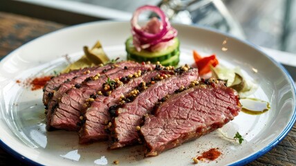 Smoked beef brisket steakhouse-style on white ceramic plate with fan-arranged thick slices, pink center, charred bark, pickled onions, cucumber spears, herb oil, paprika dust, natural lighting