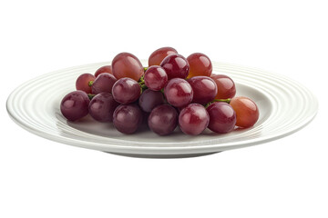 A tempting pile of ruby red grapes glistening invitingly on a ribbed white platter presenting on transparent background