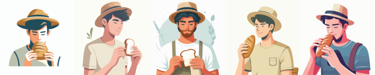 vector of a young man eating bread
