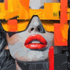 Abstract portrait of a woman with red lips and bold geometric brushstrokes