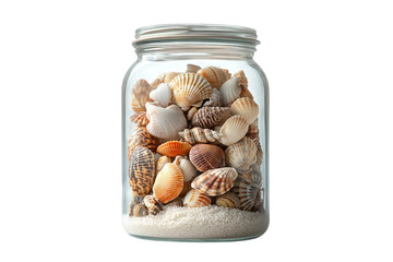 A treasured collection of seashells whispers of ocean voyages preserved in a mason jar with on transparent background