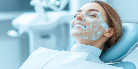 Young woman relaxes in a dentist's chair while a futuristic 3d scan maps her facial structure, showcasing advancements in dental technology and patient care