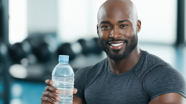 Muscular african american athlete with beard and shaved head smiling while holding water bottle in fitness center environment. Wearing dark athletic shirt against blurred gym equipment background