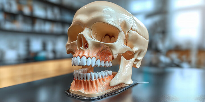 Realistic human jaw model with teeth displayed on a table in a laboratory setting, providing a detailed anatomical representation for educational or research purposes