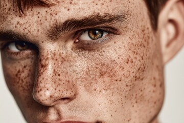 Detailed close-up of a fair-skinned young man's face, prominently featuring his freckles and hazel eye, capturing natural beauty in high resolution.