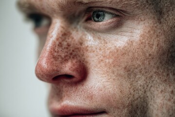 Obraz premium Extreme close-up of a man's face with pronounced freckles and blue eyes, highlighting skin texture and natural details, showcasing healthy looking face.