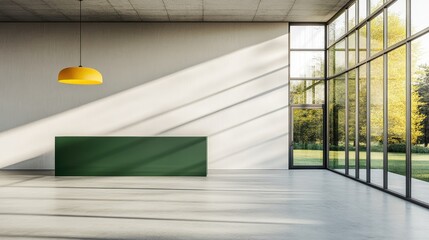 Modern, empty interior space with large windows.