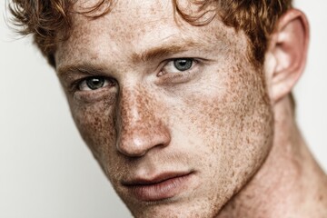 A detailed close-up portrait of a young man with red hair and striking freckles, showcasing his unique features and intense gaze, with a clean studio background.