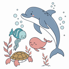 Kids doodle ocean animal set, vector