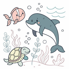 Kids doodle ocean animal set, vector